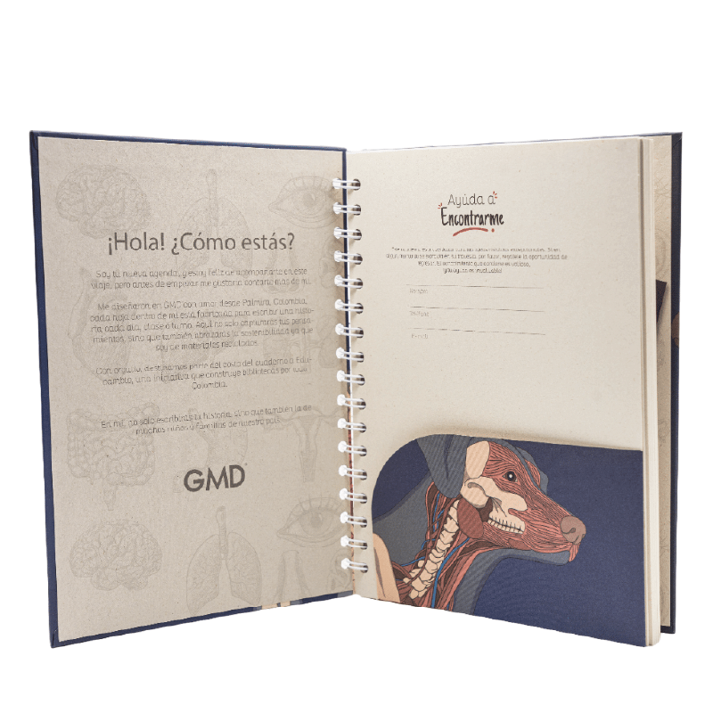 Cuaderno argollado gmd perro anatomía, abierto; lado izquierdo con texto de introducción sobre fondo beige con ilustraciones anatómicas, y lado derecho con espacio para datos personales y en la parte inferior imagen del sistema muscular de un perro, con a. Haga clic para ampliar la imagen