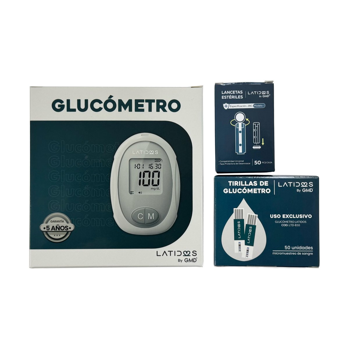 Kit de Glucometría Basic Latidos. A la izquierda caja del glucómetro color blanco y verde oscuro con imagen del dispositivo y garantía de 5 años. A la derecha dos cajas color verde oscuro: caja superior de lancetas estériles Latidos by GMD especificación 