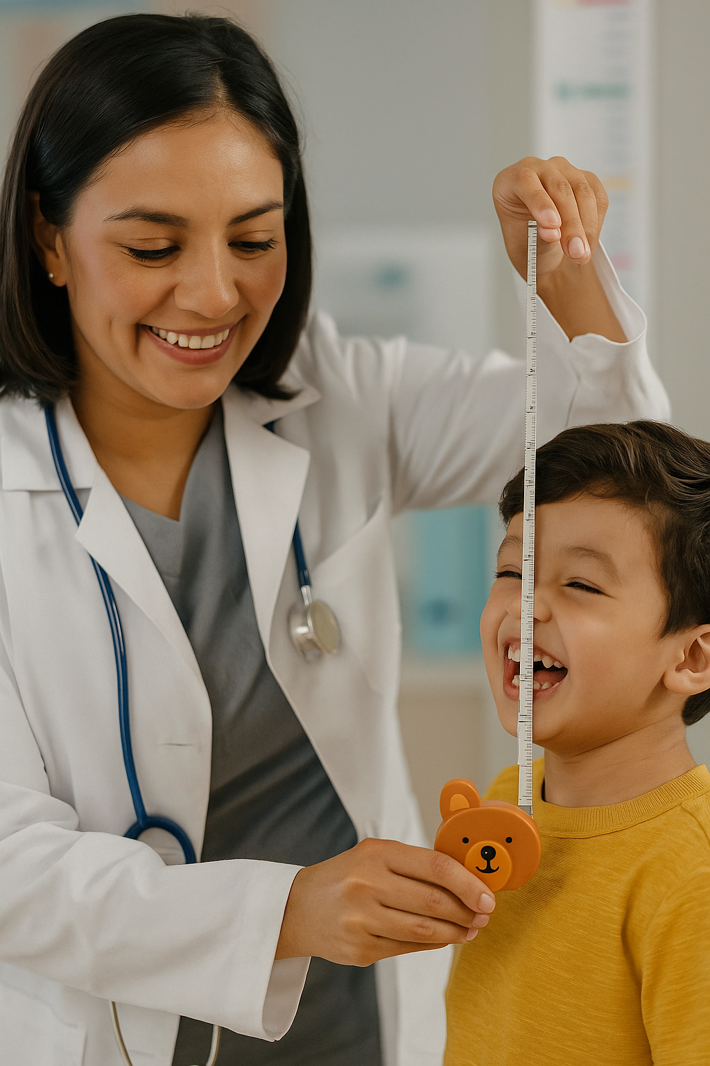 Médica con fonendoscopio y bata blanca, sostiene la cinta métrica GMD en forma de oso mientras mide a un niño; ambos estan sonriendo.. Haga clic para ampliar la imagen