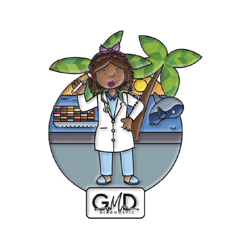 Pin gmd pacifico, Personaje médico caricaturesco con bata y estetoscopio, sosteniendo un martillo de reflejos, en una playa con palmera, mar y sol, en colores oscuros (verde, amarillo, blanco, cafe y azul); en la parte inferior, logo “GMD Diagnostic”.. Haga clic para ampliar la imagen