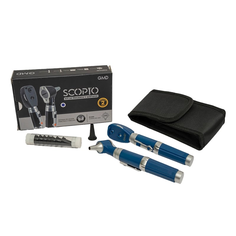 Kit de órganos y sentidos con fibra óptica gmd 2 bases 2 cabezales, caja con fondo oscuro y el nombre “Scopio Kit de Órganos de los Sentidos” en color blanco, sello amarillo de garantía por 2 años y la imagen del producto. Frente a la caja se encuentran u. Haga clic para ampliar la imagen