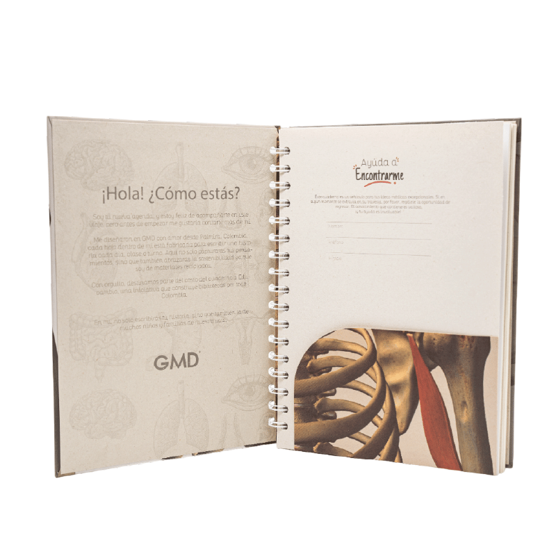 Cuaderno argollado gmd huesos humanos, abierto; lado izquierdo con texto de introducción sobre fondo beige con ilustraciones anatómicas, y lado derecho con espacio para datos personales y en la parte inferior imagen de costillas, escápula y húmero, con ar. Haga clic para ampliar la imagen
