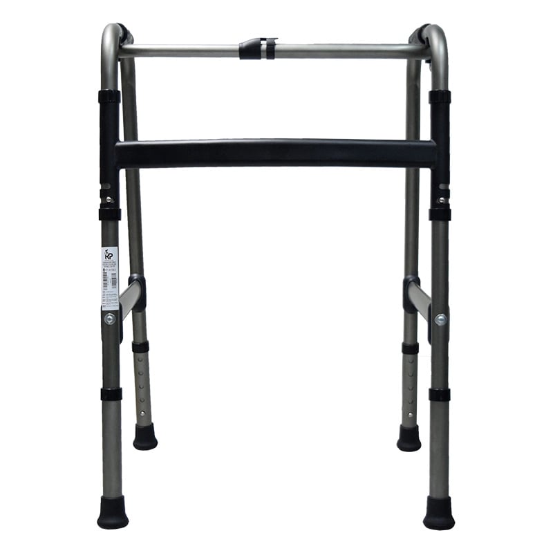 Caminador doble funcion anodizado color gris manilares en tpr tapones negros, vista frontal, estructura metálica. En la parte superior de la estructura en el centro mangos de agarre negros a ambos lados, barras de soporte: una en la parte superior con est. Haga clic para ampliar la imagen
