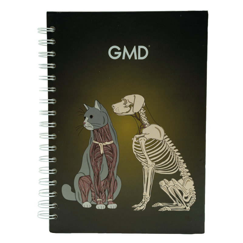 Cuaderno argollado gmd perro y gato anatomía, con portada del sistema muscular de un gato y estructura ósea de un perro sobre fondo negro con sombra amarilla, y argollas blancas al lado izquierdo.. Haga clic para ampliar la imagen