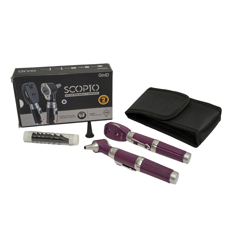 Kit de órganos y sentidos con fibra óptica gmd 2 bases 2 cabezales, caja con fondo oscuro y el nombre “Scopio Kit de Órganos de los Sentidos” en color blanco, sello amarillo de garantía por 2 años y la imagen del producto. Frente a la caja se encuentran u. Haga clic para ampliar la imagen