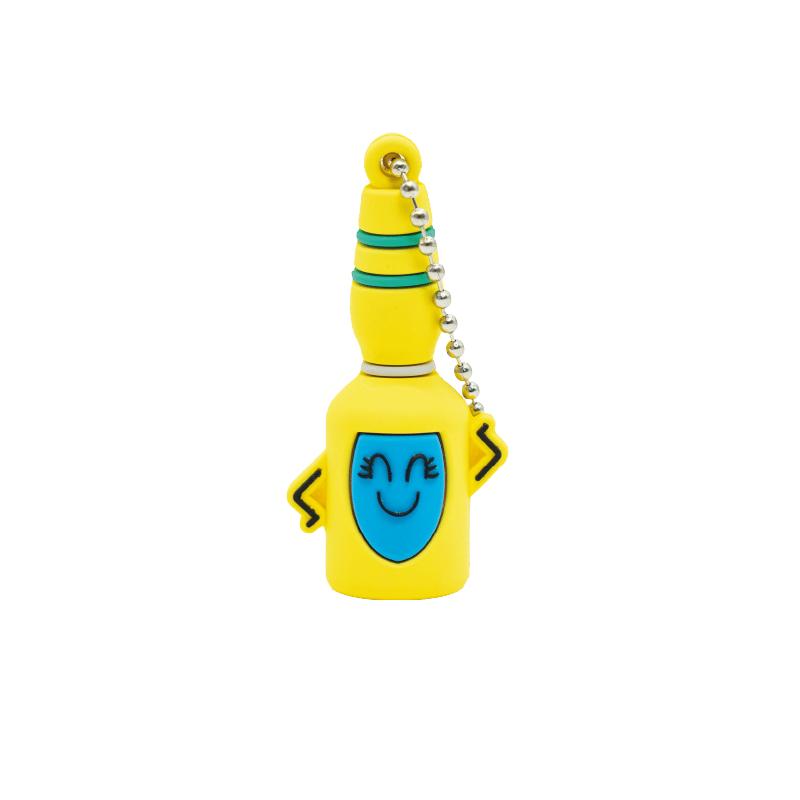 Rompe ampollas motivo ampolleta color amarillo, con manos a los lados. En el medio con fondo azul y cara sonriente. En la parte superior líneas en color verde y gris. Con cadena tipo llevero de bolas plateada.. Haga clic para ampliar la imagen