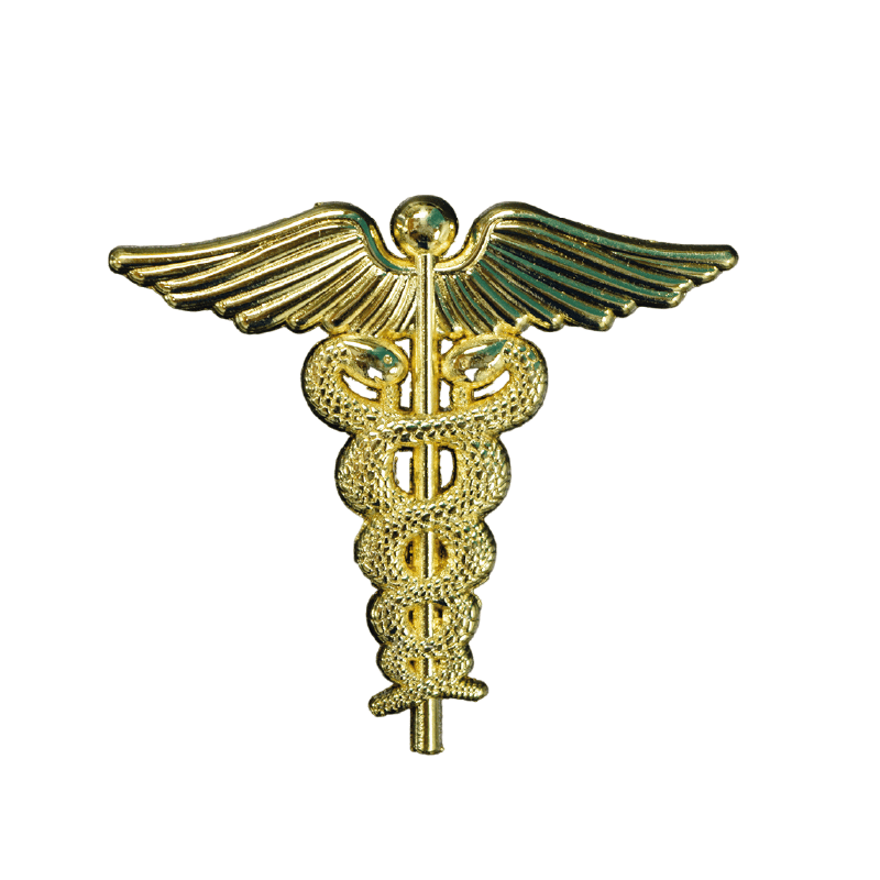 Pin gmd símbolo medicina, de color dorado con un bastón vertical en el medio, dos serpientes entrelazadas y alas extendidas en la parte superior; con base lisa y brillante.. Haga clic para ampliar la imagen