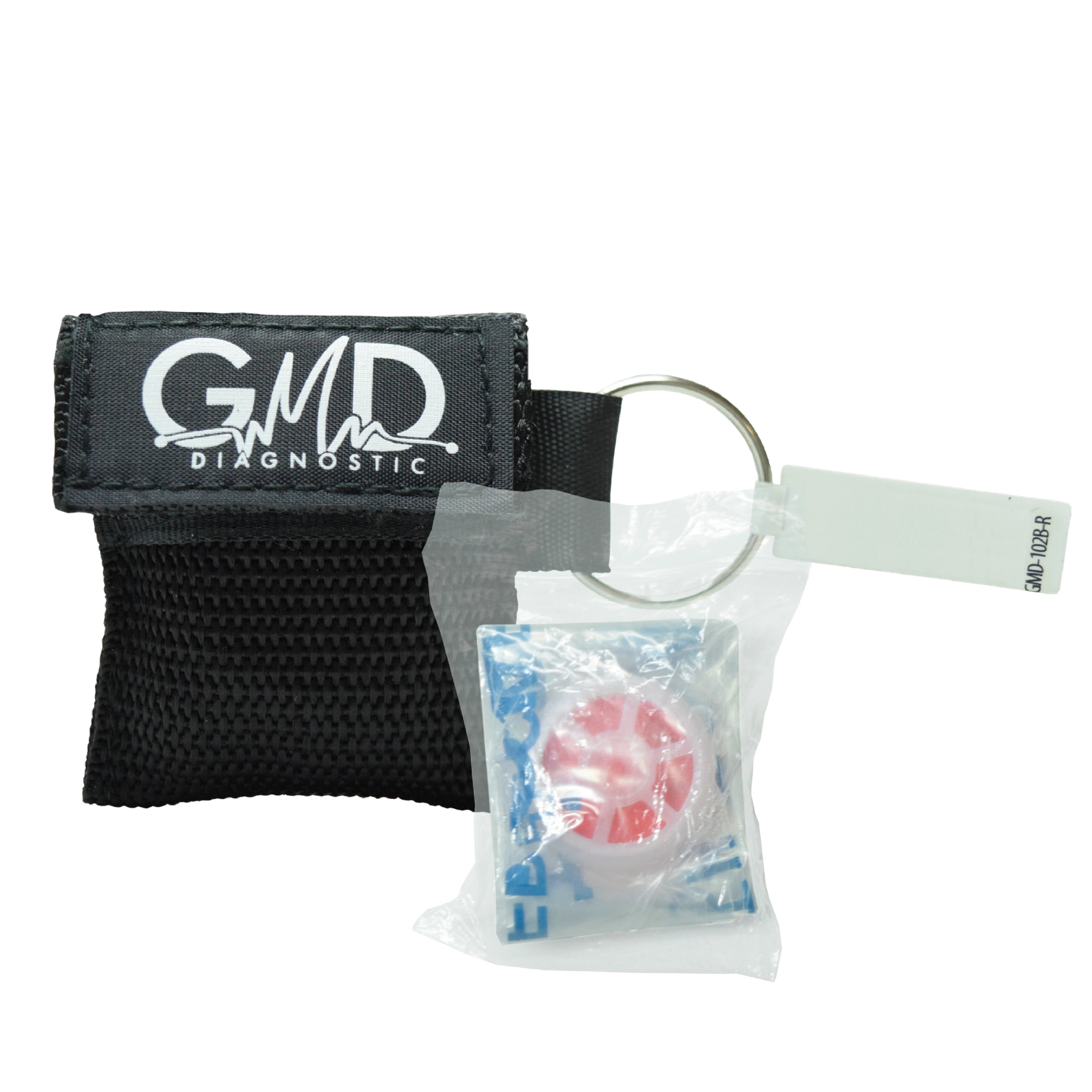 Bolsa de RCP GMD de color negro con adaptador metálico gris, bolsa de ventilación blanca con válvula de color naranja.. Haga clic para ampliar la imagen
