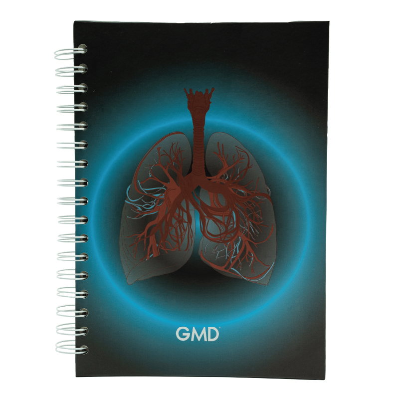 Cuaderno argollado gmd pulmones azul, vista frontal, con portada de pulmones sobre fondo negro dentro de un círculo azul con sombra azul, y argollas blancas al lado izquierdo.. Haga clic para ampliar la imagen