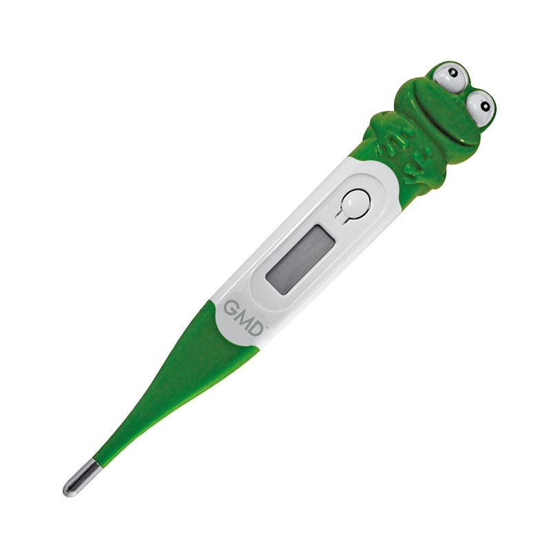 Termómetro digital pediátrico rana, en el medio de color blanco con pantalla apagada. En el extremo superior tiene un diseño de rana de color verde oscuro.. Haga clic para ampliar la imagen