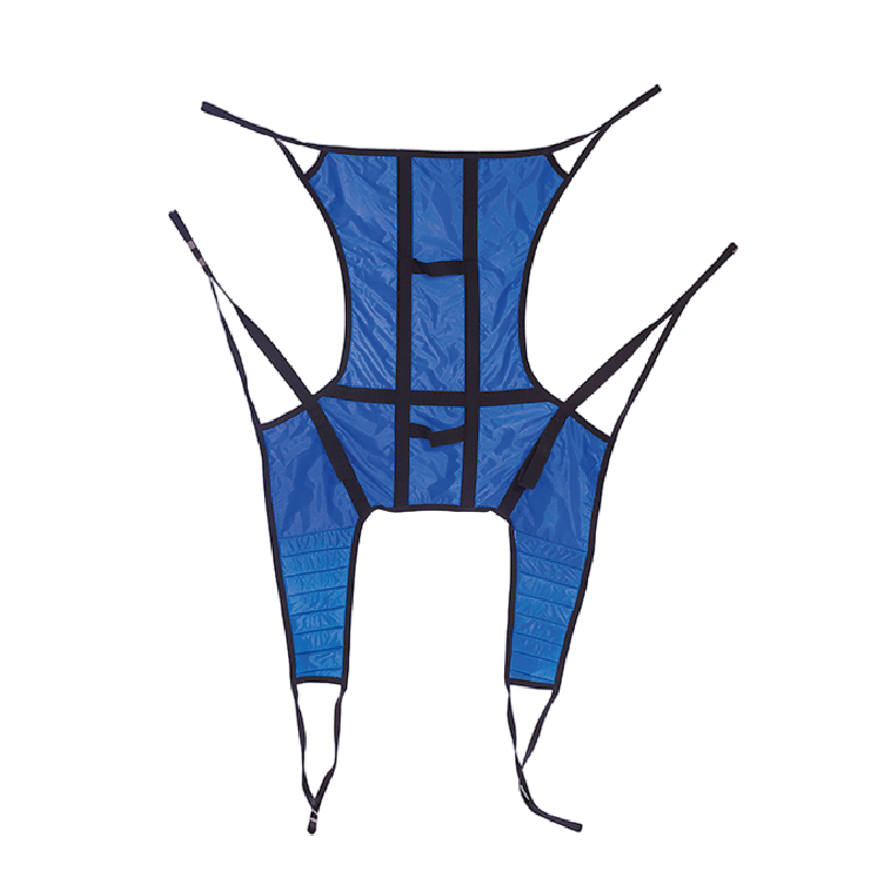 Arnés móvil para grúa hidráulica, de color azul con reborde negro y tiras de sujeción en los extremos superiores, medios e inferiores. Con forma anatómica y abertura central inferior. En la parte central costuras negras verticales.
