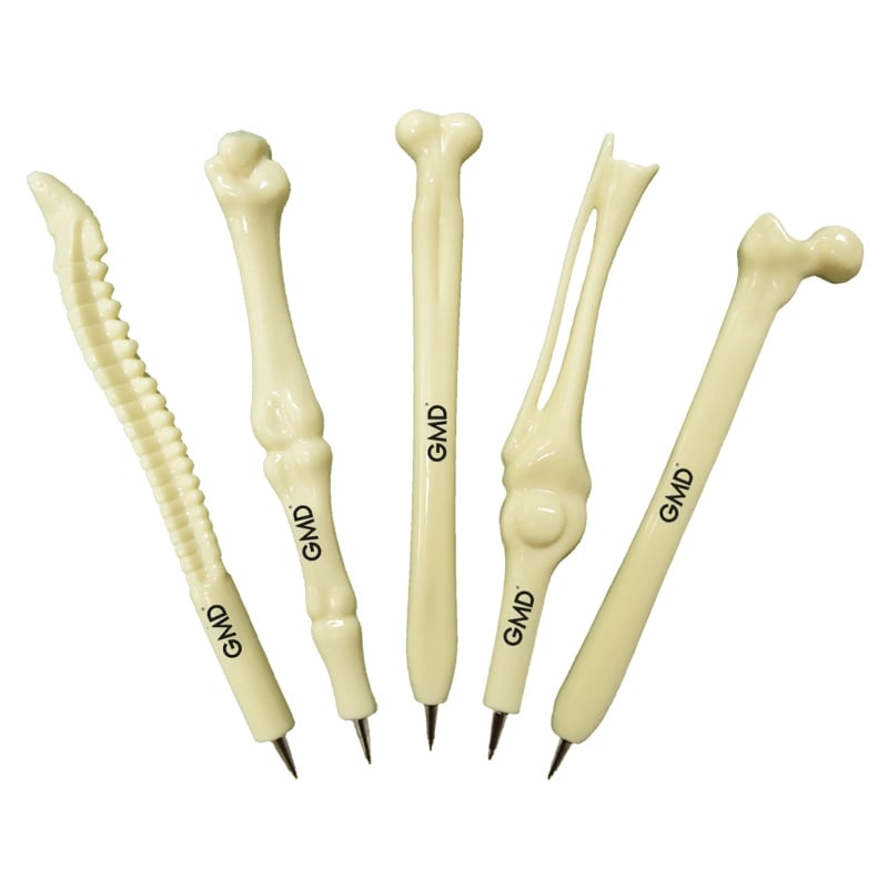 Set x 5 de lapiceros gmd motivo huesos, de color crema con diseño en forma de huesos humanos. Cada uno representa distintas partes del cuerpo humano.. Haga clic para ampliar la imagen