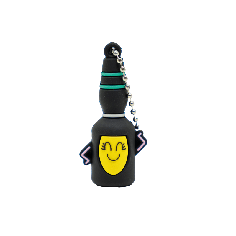 Rompe ampollas motivo ampolleta color negro, con manos a los lados. En el medio con fondo amarillo y cara sonriente. En la parte superior líneas en color verde y gris. con cadena tipo llevero de bolas plateada.. Haga clic para ampliar la imagen