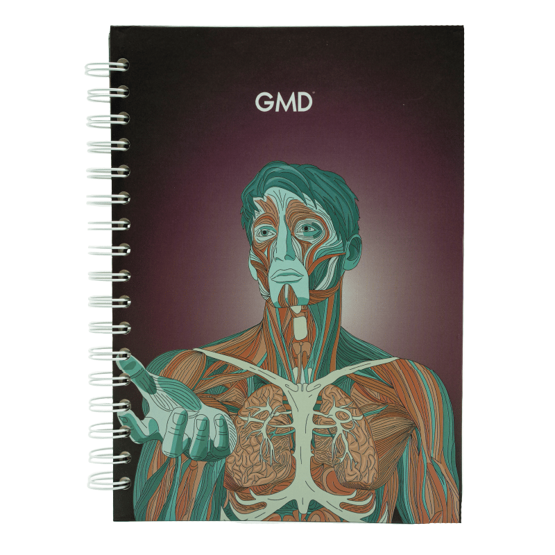 Cuaderno argollado gmd anatomía carmesí, vista frontal, con portada del cuerpo humano extendiendo la mano sobre fondo vinotinto, con argollas blancas en el lado izquierdo.. Haga clic para ampliar la imagen