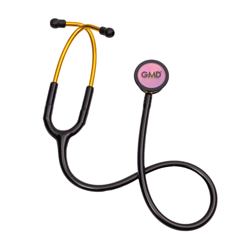 Fonendoscopio OIS 300, con tubo auricular en forma de Y dorado, mangera de color negro, membrana morada con logo GMD impreso, reborde negro. Con olivas negras en los extremos.. Haga clic para ampliar la imagen