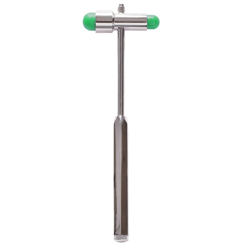 Martillo de reflejo buck gmd, estructura metálica plateada y diseño en forma de T. Con mango metálico alargado y cabezal horizontal con extremos de goma en color verde claro. En el extremo inferior del mango, pieza metálica con líneas en relieve, donde se. Haga clic para ampliar la imagen