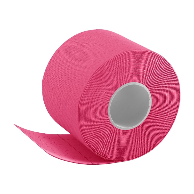 Cinta kinesiológica de 5cmx5m color fucsia, rollo de forma circular con apertura central. Tela elástica, con extremo inferior recubierto por papel adhesivo con cuadrícula fucsia.. Haga clic para ampliar la imagen