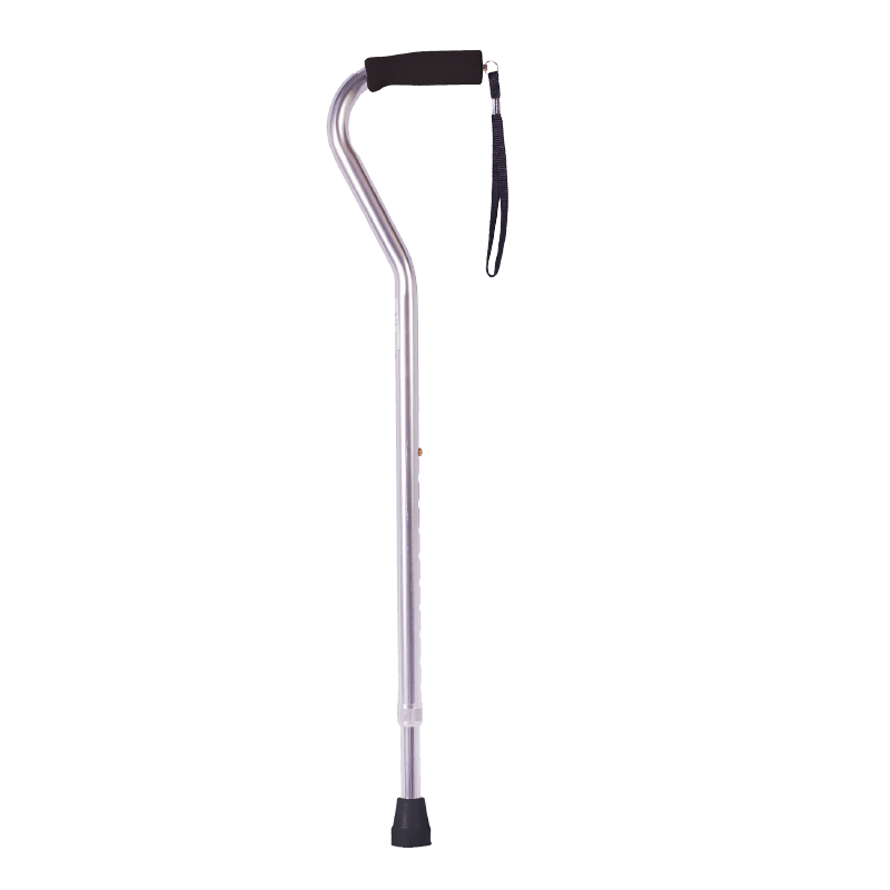 Baston cuello de cisne y correa de seguridad color cromo, estructura metálica. En el extremo superior empuñadura negra con correa negra en el centro del extremo lateral superior. En la parte inferior mecanismo ajustable de altura con orificios y pin dorad. Haga clic para ampliar la imagen