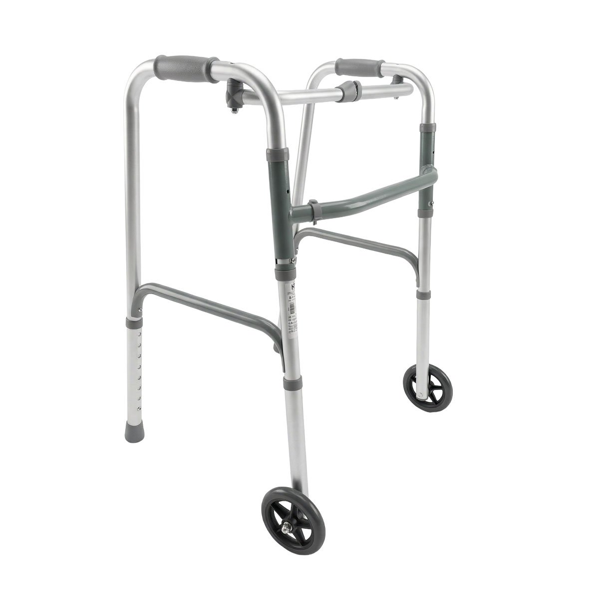 Caminador con ruedas de 5' en aluminio anodizado kp color gris, estructura metálica, mangos ergonómicos acolchados de color gris oscuro y barra de soporte superior con detalle en centro de color gris y una barra central gris oscura que unen ambos lados de. Haga clic para ampliar la imagen