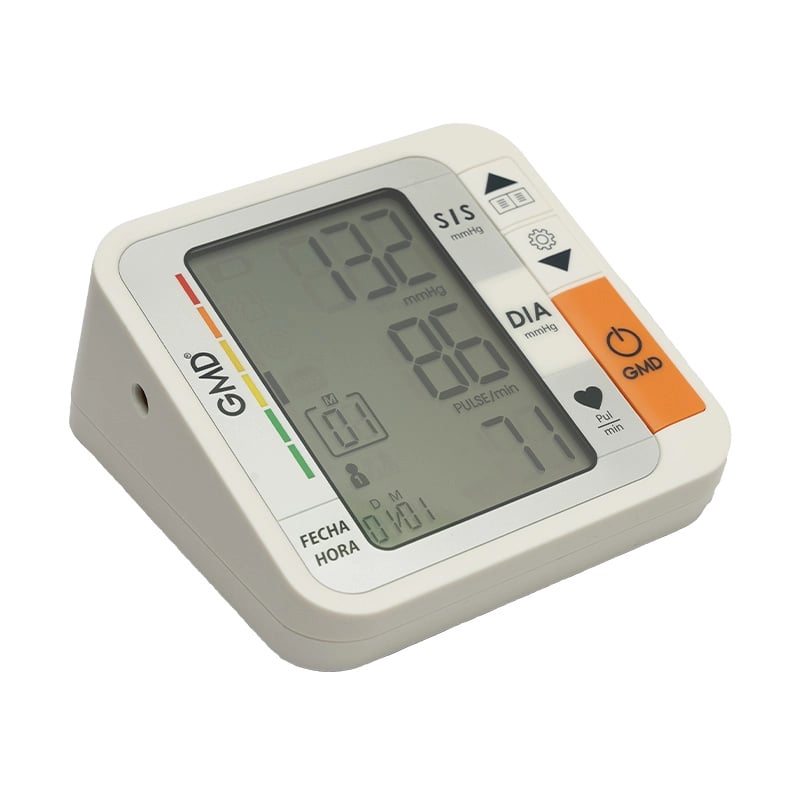 Monitor de presión Arterial - KARDYO 100, vista lateral izquierda, color blanco, dispositivo digital con amplia pantalla LCD de fácil lectura y botones de control laterales de gran tamaño que facilitan su uso; cuenta con puerto tipo espiga de diseño circu. Haga clic para ampliar la imagen