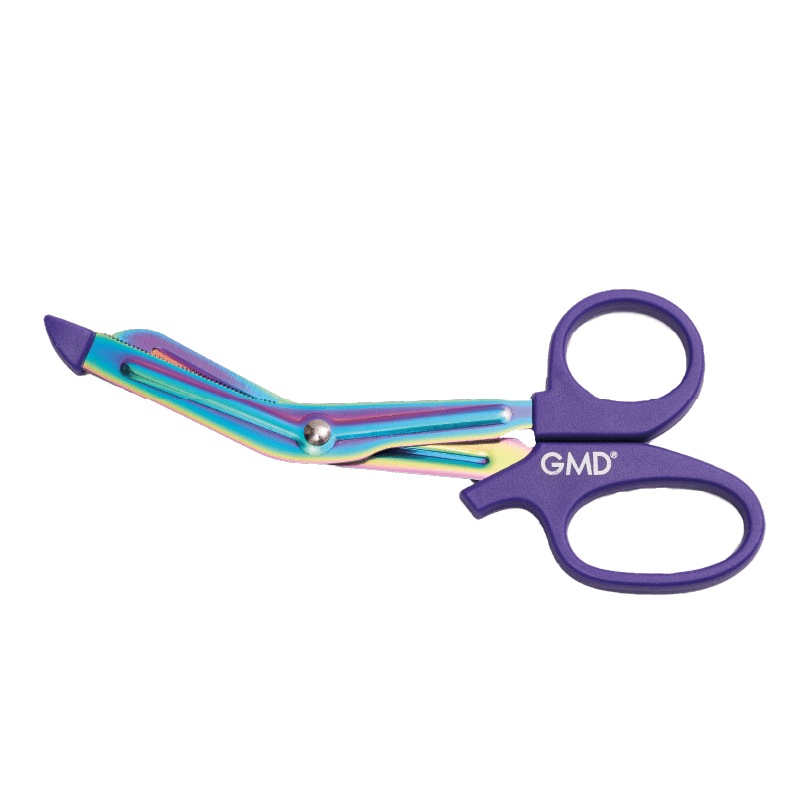Tijeras arcoíris morado GMD, con mangos ergonómicos morados y hojas de acero inoxidable con acabado arcoíris; con filo liso y dentado, presentan filo combinado (una hoja lisa y otra dentada), punta roma y zona dentada con apoyo lateral; se muestran en pos. Haga clic para ampliar la imagen