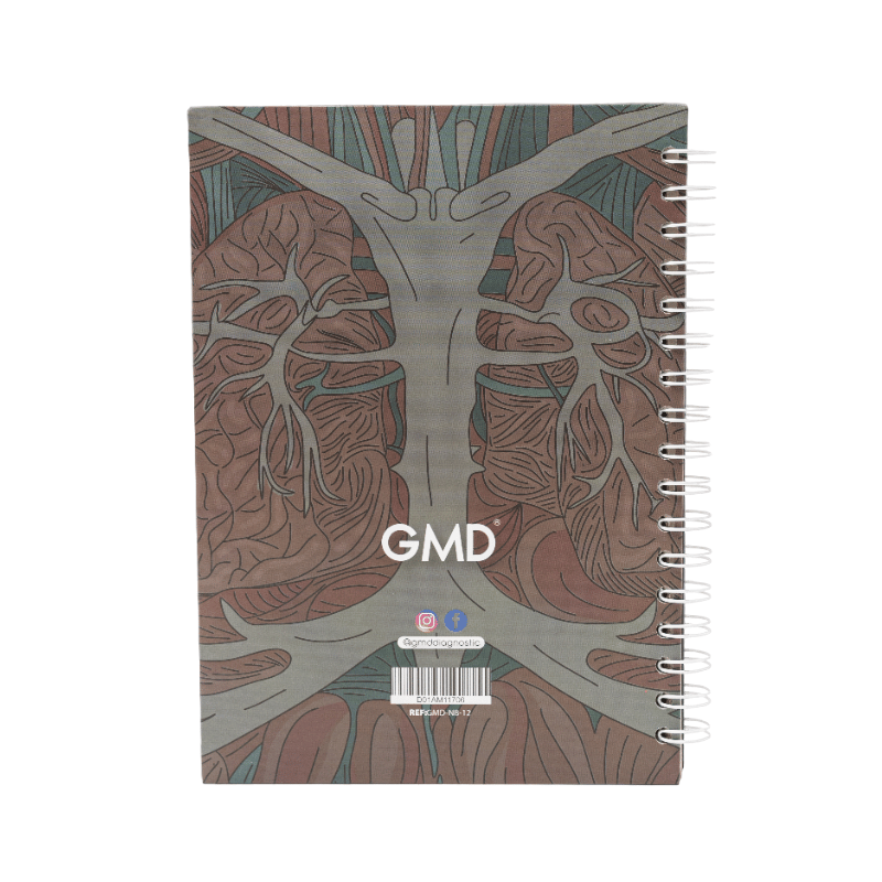 Cuaderno argollado gmd anatomía carmesí, en vista posterior, pasta dura de fondo en tonos oscuros con ilustración de riñones, incluye redes sociales y código de barras, con argollas blancas en el lado derecho.. Haga clic para ampliar la imagen