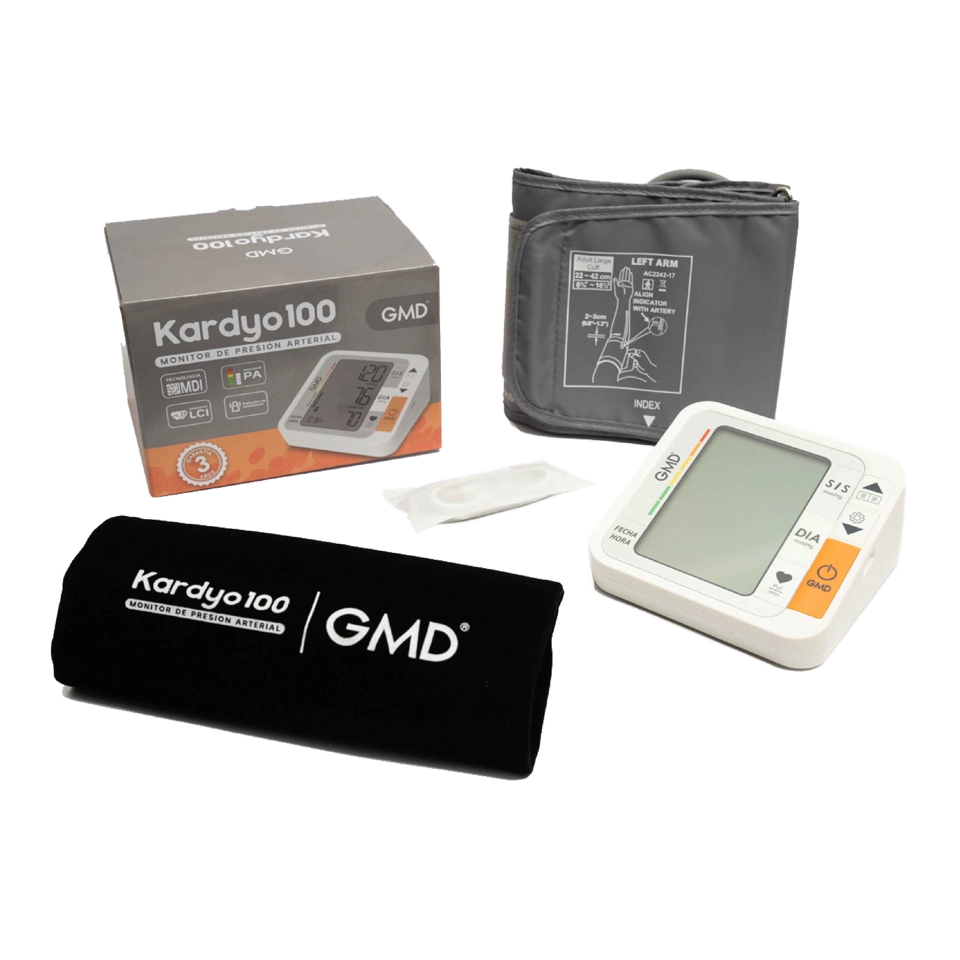 Monitor de presión Arterial - KARDYO 100, kit completo que incluye monitor automático de color blanco con pantalla LCD de fácil lectura, brazalete ajustable negro, manguera de conexión negra, estuche de almacenamiento y caja del producto.. Haga clic para ampliar la imagen