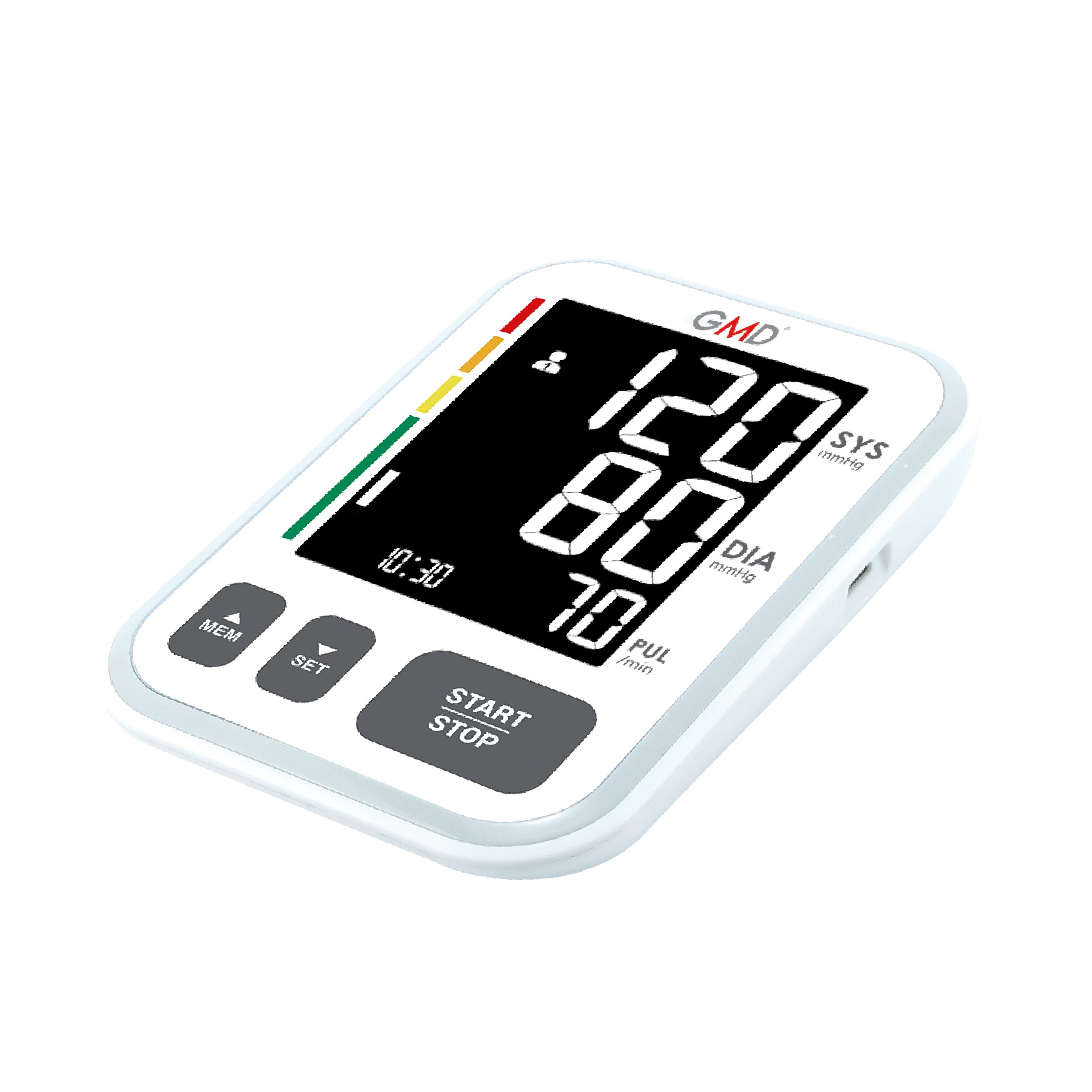 Monitor de presión Arterial - KARDYO 500, dispositivo digital de color blanco con botones ubicados en la parte inferior y pantalla inversa de letras blancas sobre fondo negro de fácil lectura; cuenta con conector de forma rectangular para la conexión del . Haga clic para ampliar la imagen