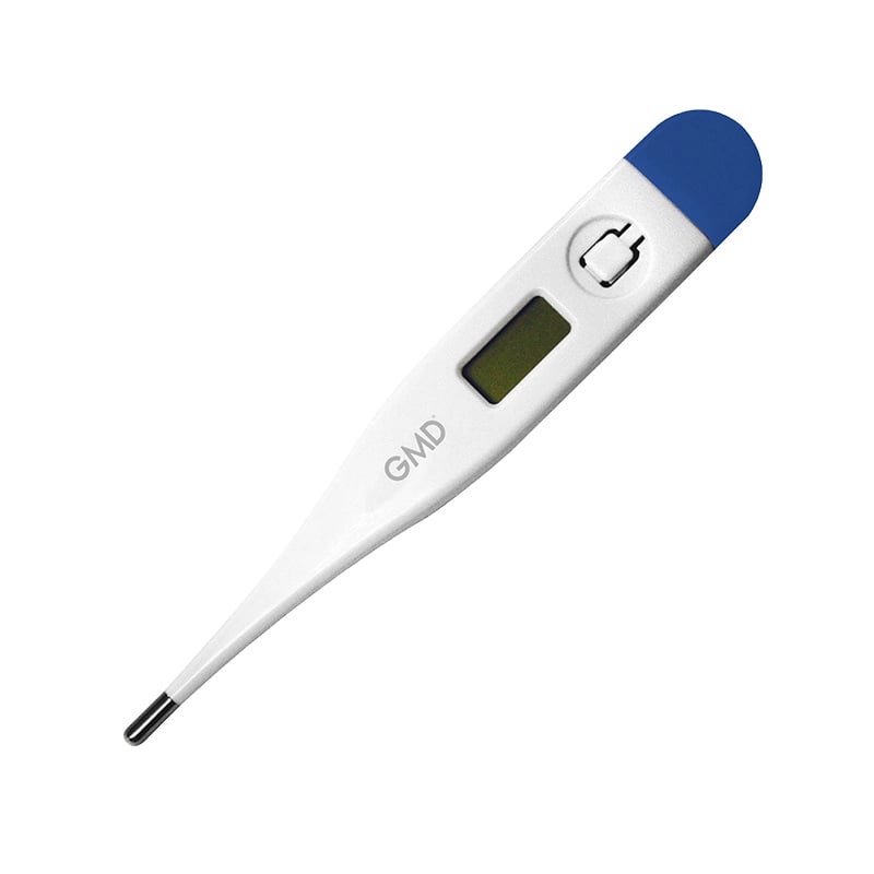Termómetro digital rígido, de color blanco, con la marca “GMD” en el centro. Presenta pantalla LCD compacta apagada y botón de encendido/apagado. En el extremo de color azul.. Haga clic para ampliar la imagen