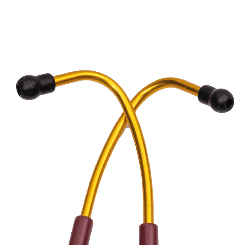 Fonendoscopio OIS 300 color cherry, con tubo auricular dorado en forma de Y y olivas negras de goma en cada extremo.. Haga clic para ampliar la imagen