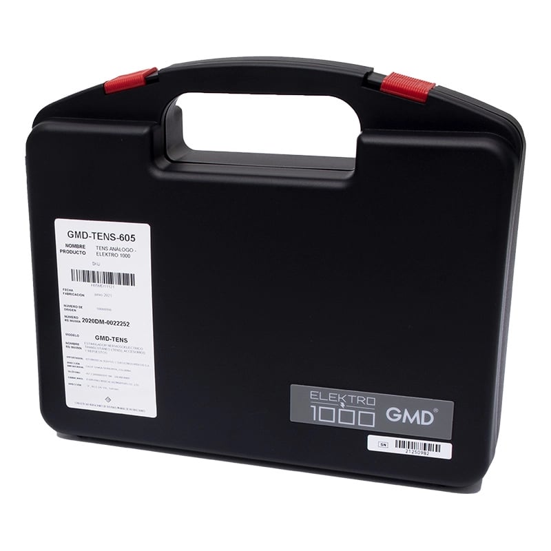 Tens análogo - elektro 1000, estuche de color negro tipo maleta. En la parte inferior derecha se observa el nombre “ELEKTRO1000 GMD”. En el lado izquierdo, sobre un fondo blanco, aparece nuevamente la información del producto (nombre, modelo, referencia, . Haga clic para ampliar la imagen