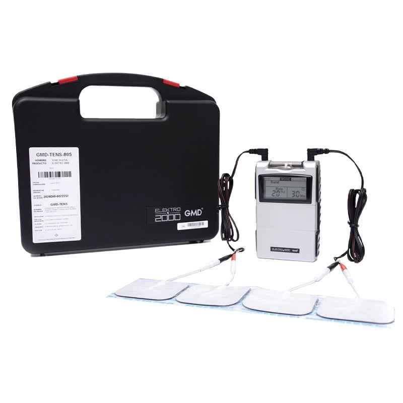 Tens digital - elektro 2000, kit con dispositivo de color gris y detalle negros, cables conductores conectados a ambos puertos, con extremos en colores negro y rojo, unidos a cuatro electrodos adhesivos de forma rectangular, de color blanco en la parte su. Haga clic para ampliar la imagen