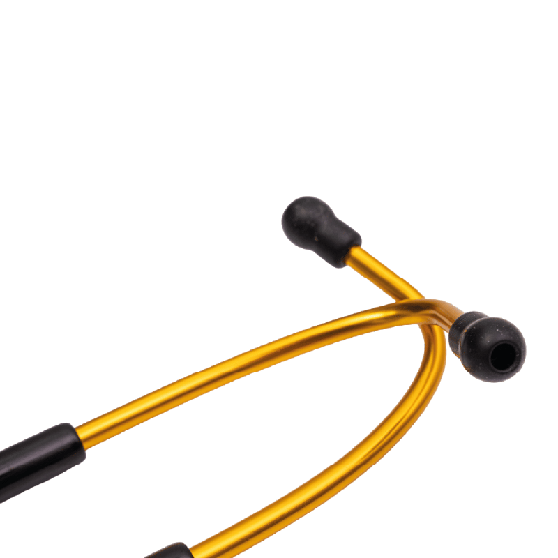 Fonendoscopio OIS 300 color negro, con tubo auricular dorado en forma de Y y olivas negras de goma en cada extremo.. Haga clic para ampliar la imagen