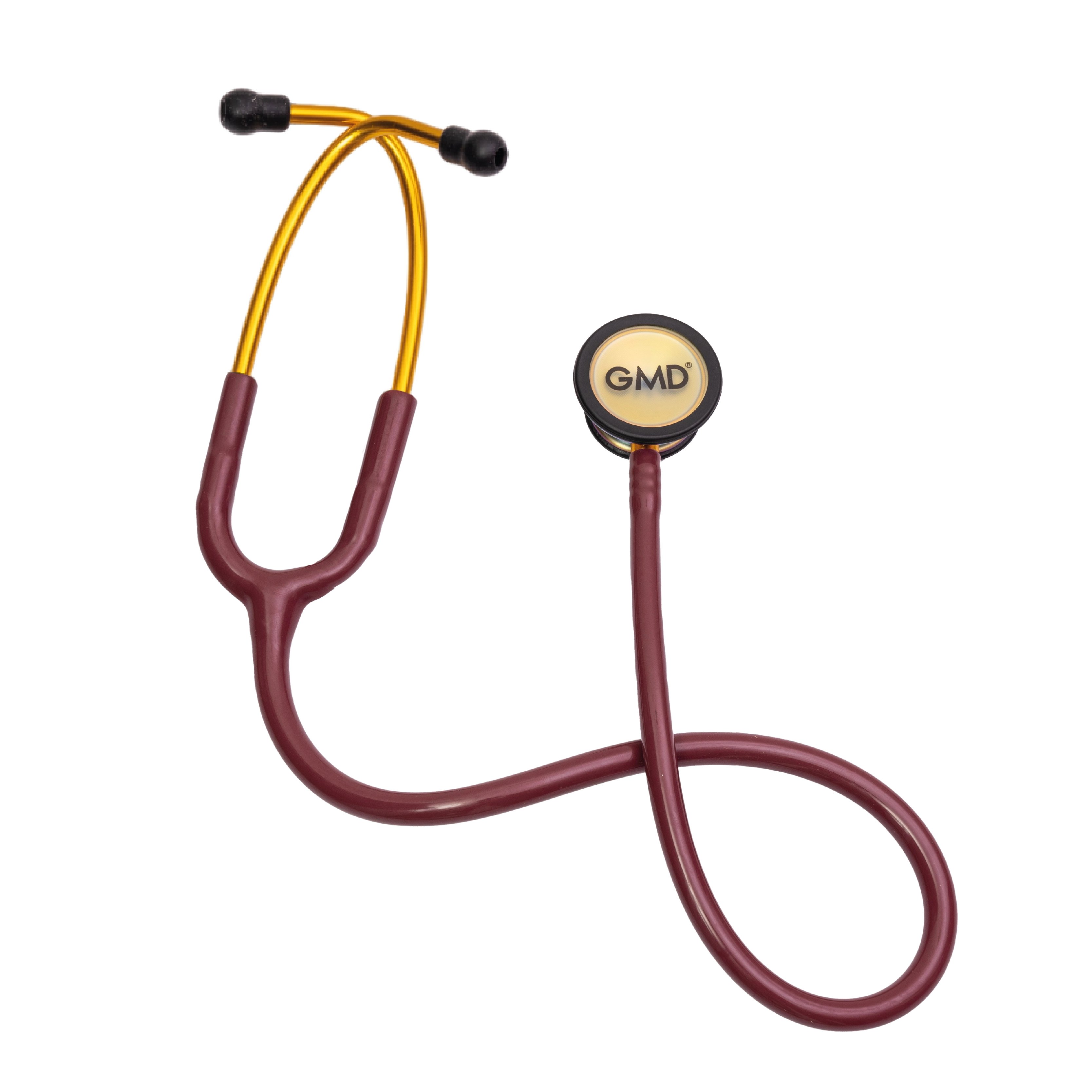 Fonendoscopio OIS 300, con tubo auricular en forma de Y dorado, mangera de color cherry, membrana amarilla con logo GMD impreso, reborde negro. Con olivas negras en los extremos.. Haga clic para ampliar la imagen