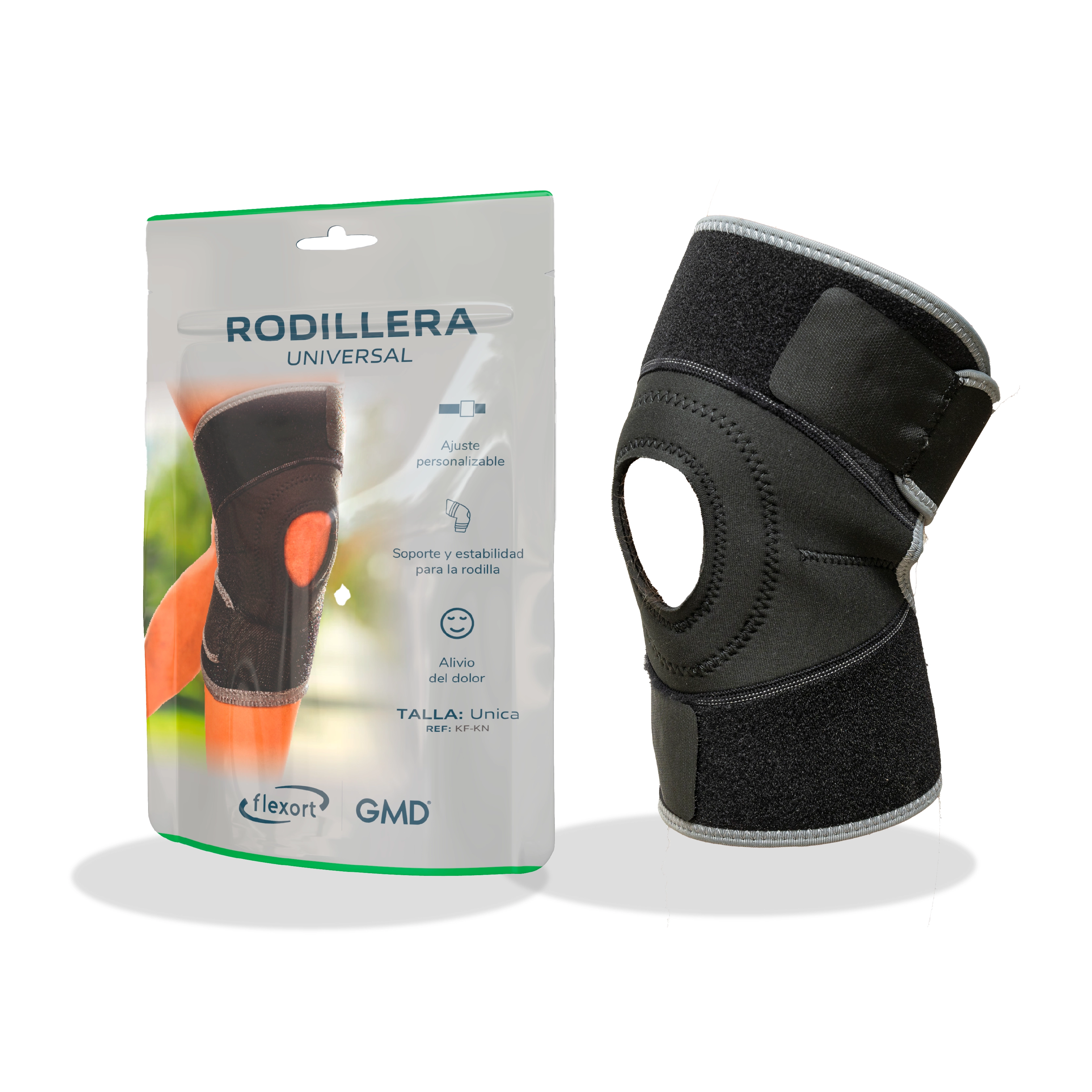 Rodillera universal GMD,  A la izquierda se observa el empaque en bolsa con el nombre “RODILLERA UNIVERSAL”, indicando ajuste personalizado, soporte y estabilidad para la rodilla, alivio del dolor y talla única. A la derecha se muestra la rodillera de col. Haga clic para ampliar la imagen