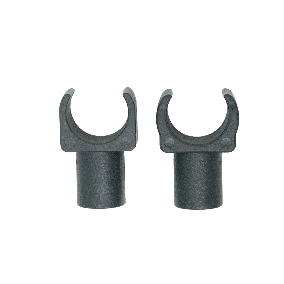 Deslizadores para silla de ruedas KBE1462FF-M23-D, dos piezas de color negro, con diseño en forma de clip en “U” abierta en la parte superior y una base cilíndrica inferior para encaje.