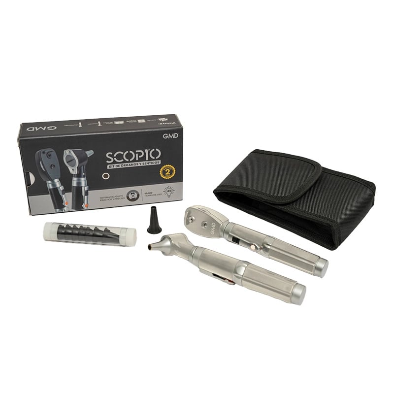 Kit de órganos y sentidos con fibra óptica gmd 2 bases 2 cabezales, caja con fondo oscuro y el nombre “Scopio Kit de Órganos de los Sentidos” en color blanco, sello amarillo de garantía por 2 años y la imagen del producto. Frente a la caja se encuentran u. Haga clic para ampliar la imagen