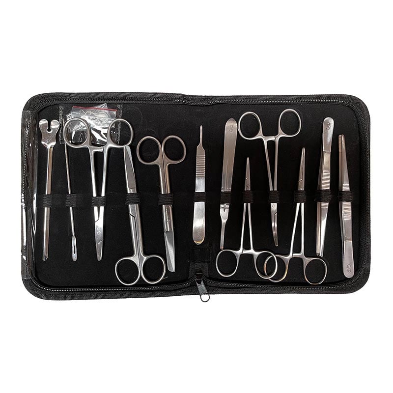 Sistema de disección 13 piezas gmd, kit con estuche abierto que con 13 piezas organizadas de color plateado con mecanismo de resorte en la mitad, elaborados en acero inoxidable.. Haga clic para ampliar la imagen