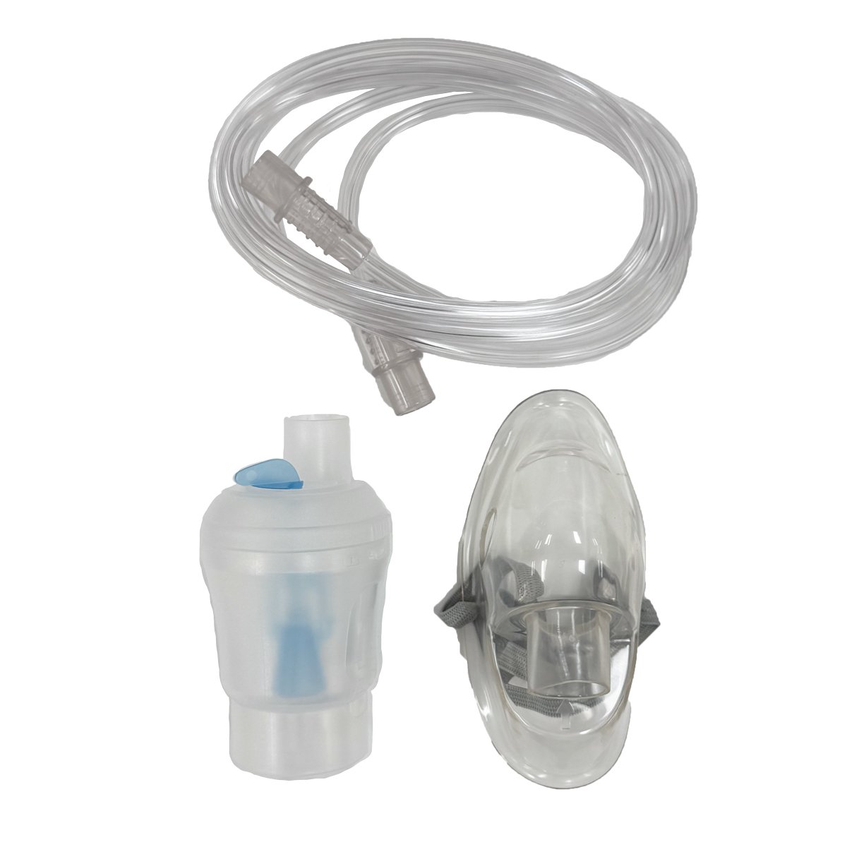 Kit pediátrico de nebulización del nube 3000, En el lado izquierdo nebulizador color transparente, en la parte superior con salida tubular vertical y tapa redondeada con detalle azul, estructura interna azul. En el medio manguera de conexión transparente 