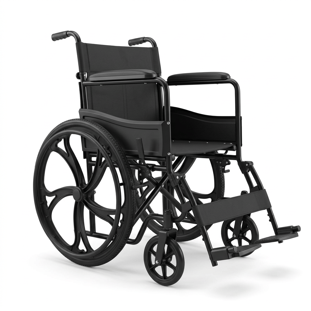 Silla De Ruedas Estándar Con Rin Estrella KP en las ruedas traseras grandes, vista lateral izquierda,  estructura metálica negra, asiento y respaldo acolchados negros, apoyabrazos rectos, ruedas delanteras pequeñas giratorias, reposapiés y reposapiernas .