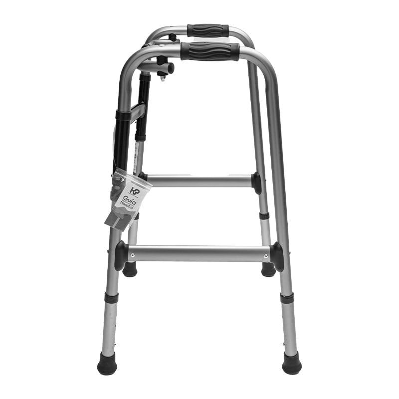 Caminador doble funcion anodizado color gris manilares en tpr tapones negros, vista lateral derecha, estructura metálica. En la parte superior de la estructura en el centro mangos de agarre negros a ambos lados, barras de soporte: una en la parte superior. Haga clic para ampliar la imagen