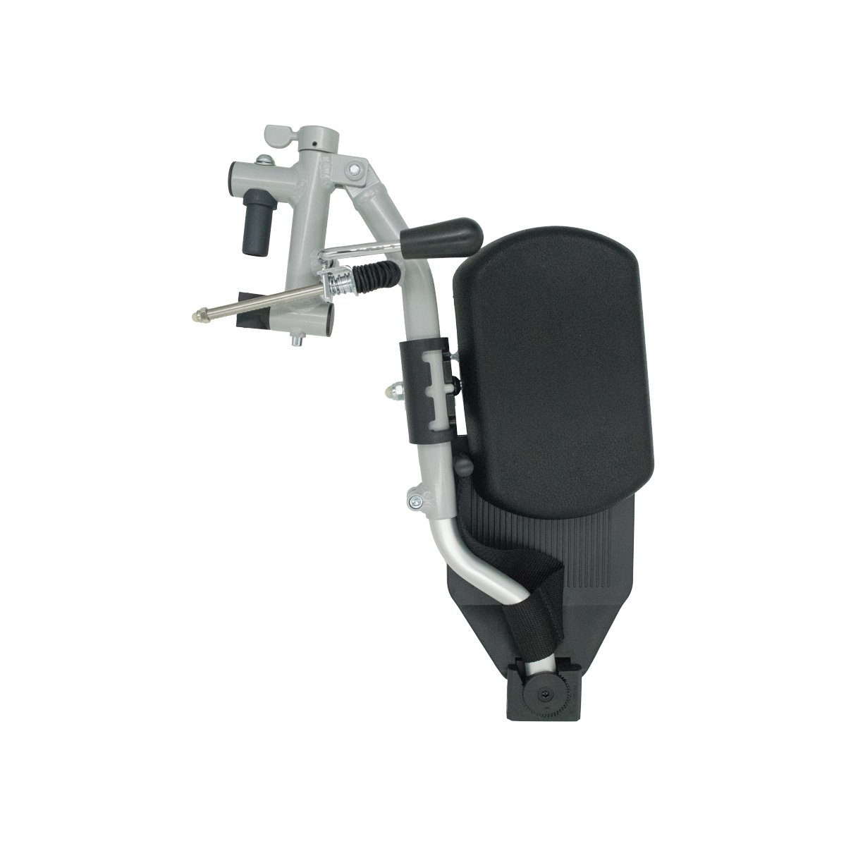 Reposapies elevables para silla de ruedas iron light (par). Estructura metálica gris, en el extremo superior palanca y tornillo de ajuste para fijación al tubo, en el centro cojín para pantorrilla de forma ovalada negro unido a la estructura por medio de . Haga clic para ampliar la imagen