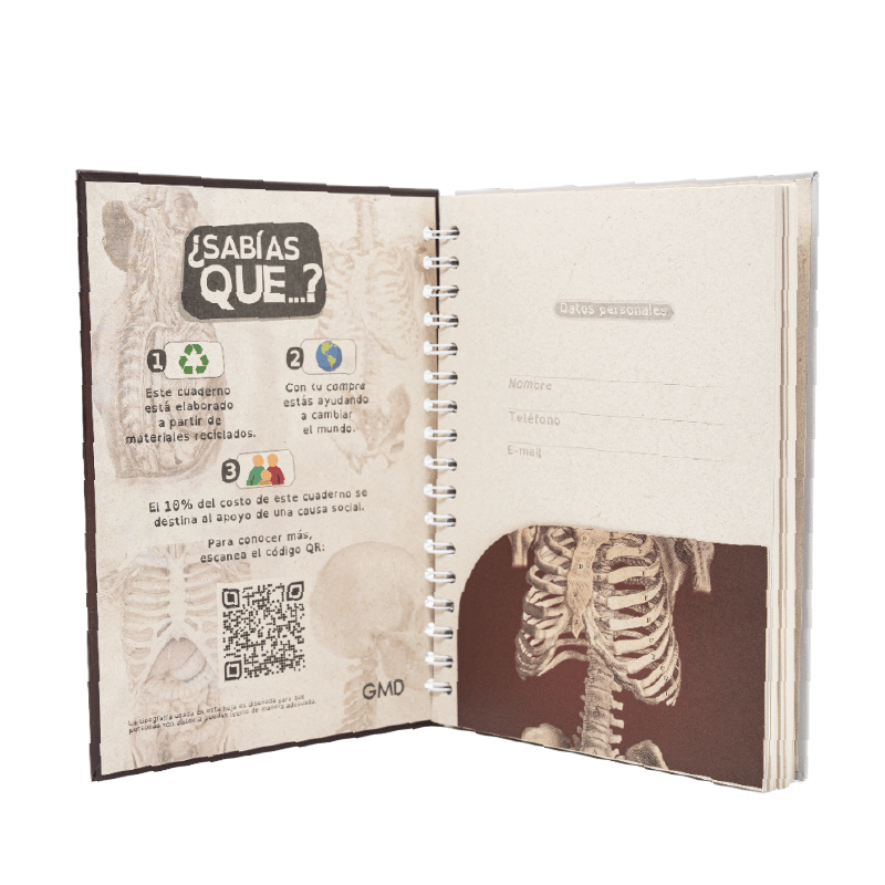 Cuaderno Argollado Gmd Diseño Sistema Óseo Del Torso, abierto. En la página izquierda con diseño en tonos beige con ilustraciones del sistema óseo e información ecológica y código QR. En la página derecha hay un espacio para datos personales (nombre, telé. Haga clic para ampliar la imagen