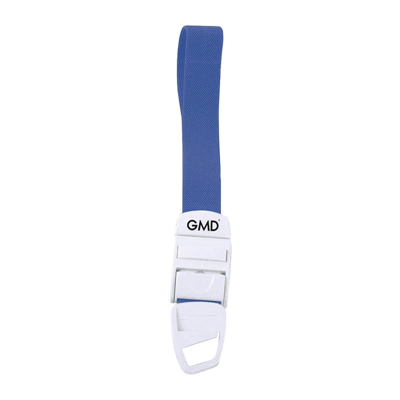 Torniquete gmd color azul profundo, fabricado en material elástico tipo látex y poliéster; cuenta con un sistema de broche de seguridad y liberación rápida de color blanco, elaborado en material plástico.. Haga clic para ampliar la imagen