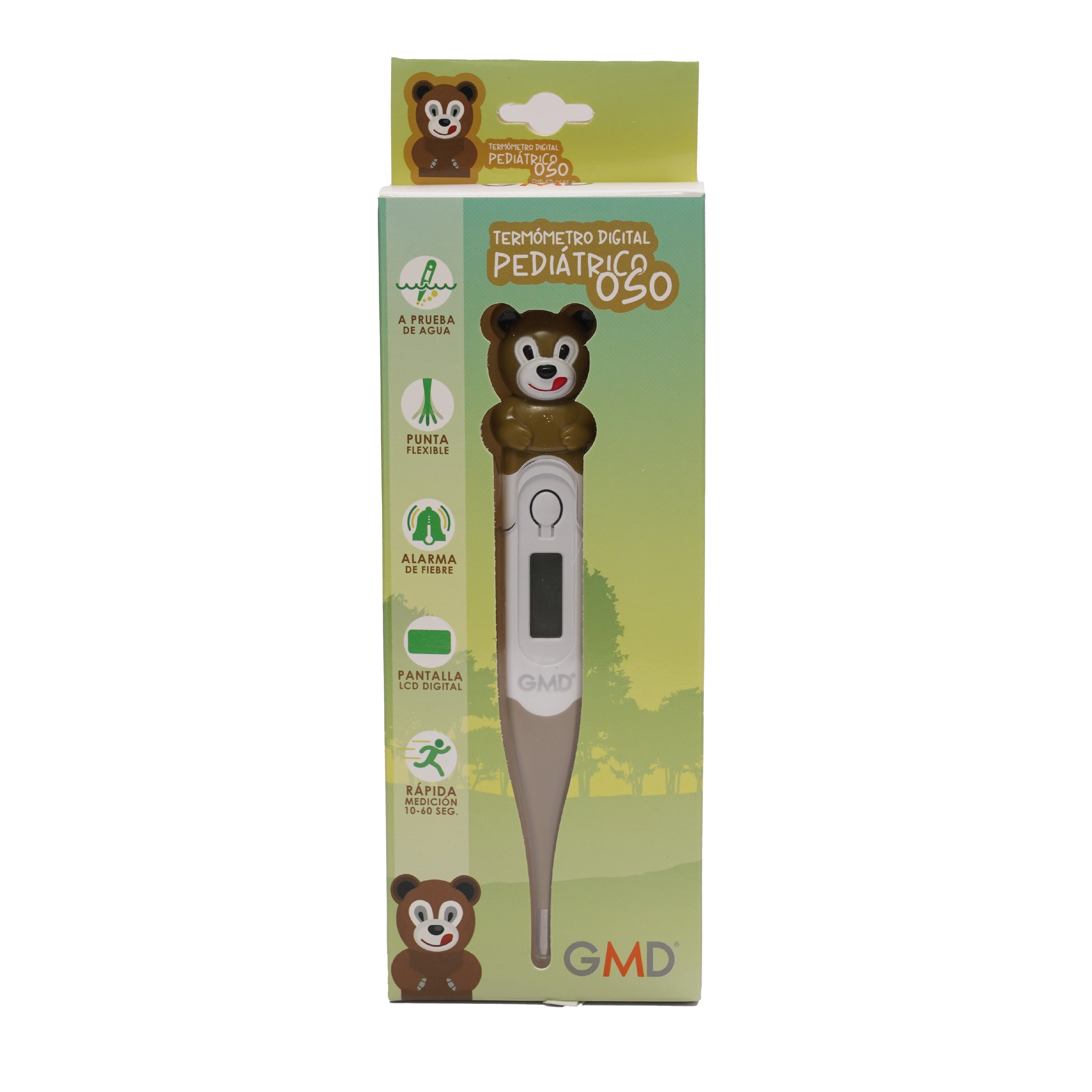 Termómetro digital pediátrico oso, empacado en caja. En el lado izquierdo del empaque se indica que es resistente al agua, con punta flexible, alarma de fiebre, pantalla LCD grande y medición rápida de 10–60 segundos. En el centro se observa el termómetro. Haga clic para ampliar la imagen