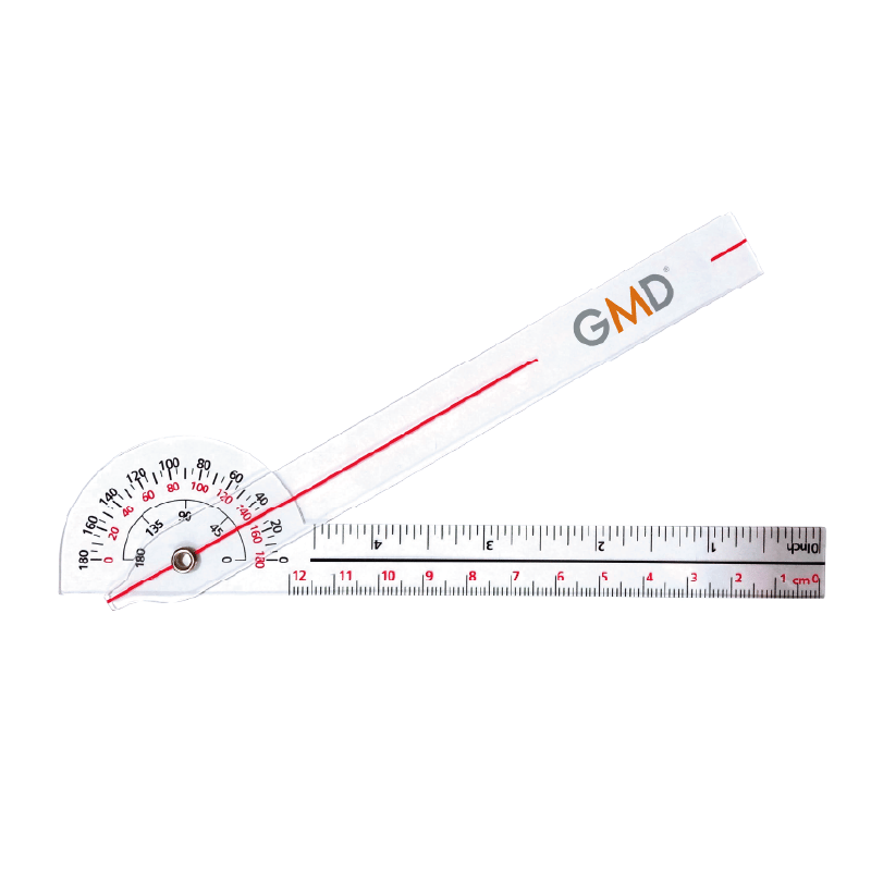 Goniometro gmd para espalda cervical muñeca,de plástico trasnparente, con cuerpo semicircular en la parte superior donde se observan tres mediciones: la superior de 0° a 180° en intervalos de 10 en 10 con dígitos en color negro; la intermedia en color roj. Haga clic para ampliar la imagen