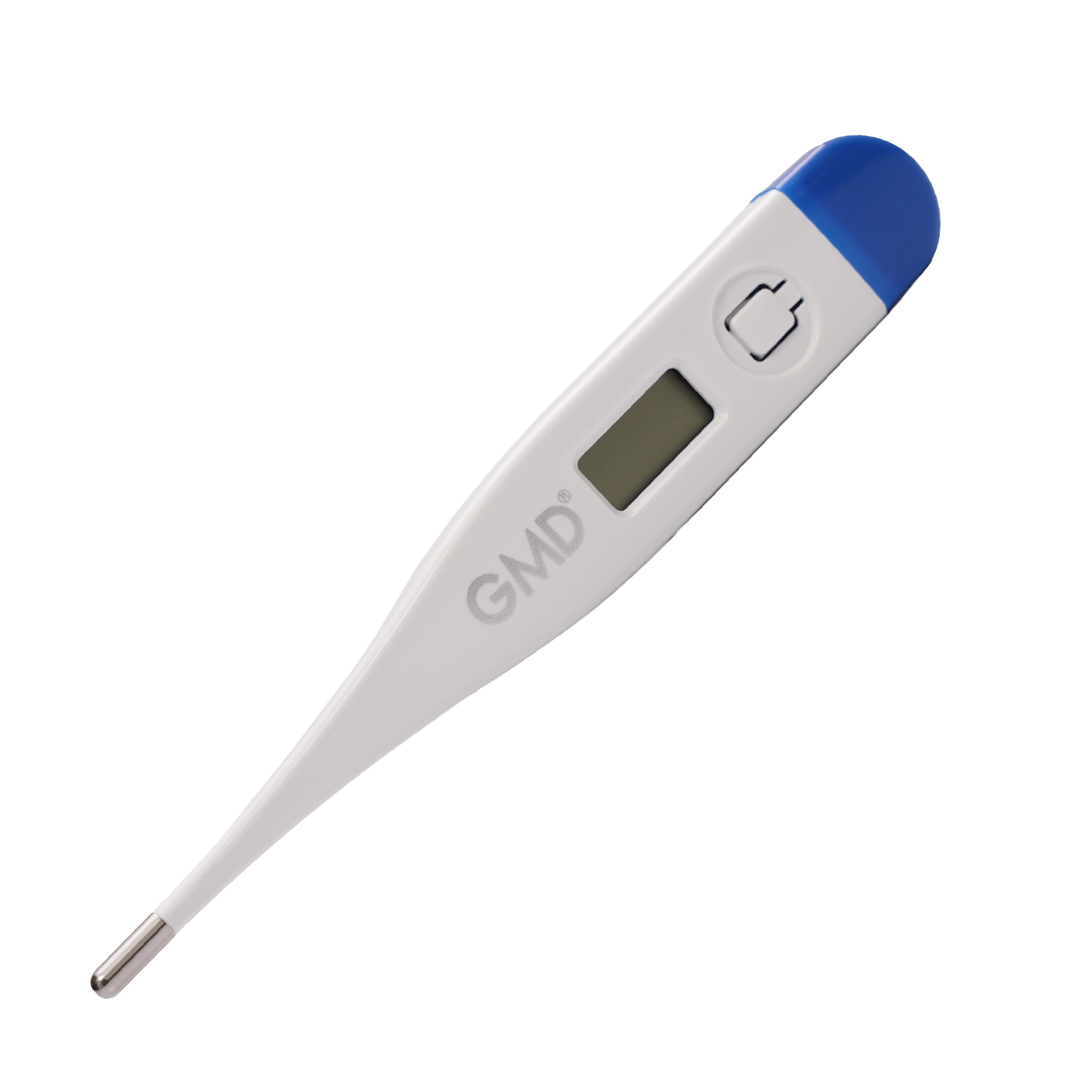 Termómetro digital rígido, de color blanco, con la marca “GMD” en el centro. Presenta pantalla LCD compacta apagada y botón de encendido/apagado. En el extremo de color azul.. Haga clic para ampliar la imagen