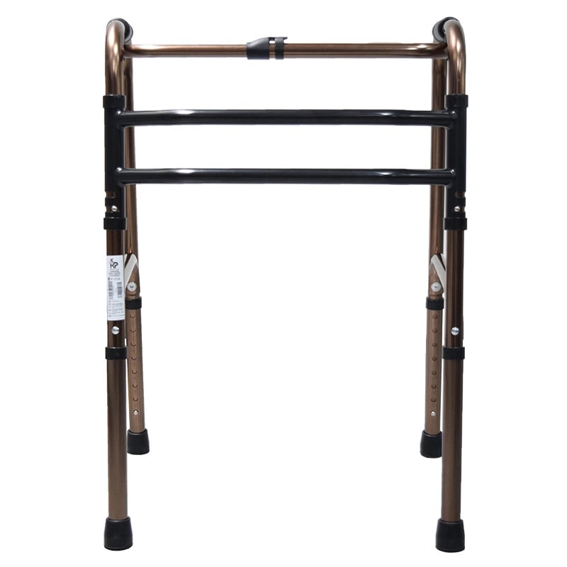 Caminador doble funcion anodizado color bronce, vista forntal, estructura metálica. En la parte superior de la estructura en el centro mangos de agarre negros a ambos lados, barras de soporte: una en la parte superior con estructura negra en el centro, do. Haga clic para ampliar la imagen