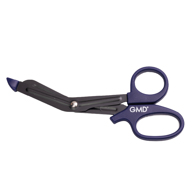 Tijeras premium color azul de 5 1/2, con mangos ergonómicos azules y hojas de acero inoxidable; presentan filo combinado (una hoja lisa y otra dentada), punta roma y zona dentada con apoyo lateral, el filo dentado cuenta con un protector en la punta de ma. Haga clic para ampliar la imagen