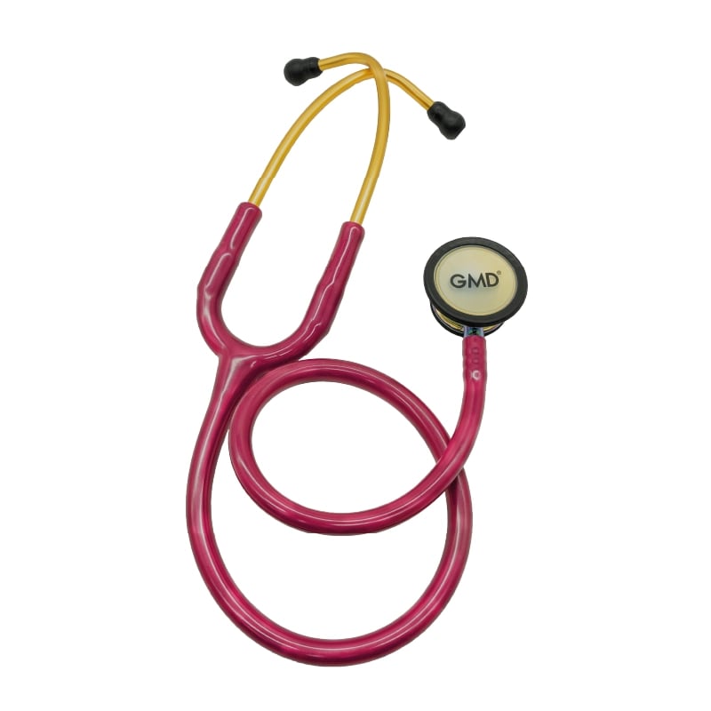 Fonendoscopio OIS 300, con tubo auricular en forma de Y dorado, mangera de color raspberry, membrana amarilla con logo GMD impreso, reborde negro. Con olivas negras.. Haga clic para ampliar la imagen